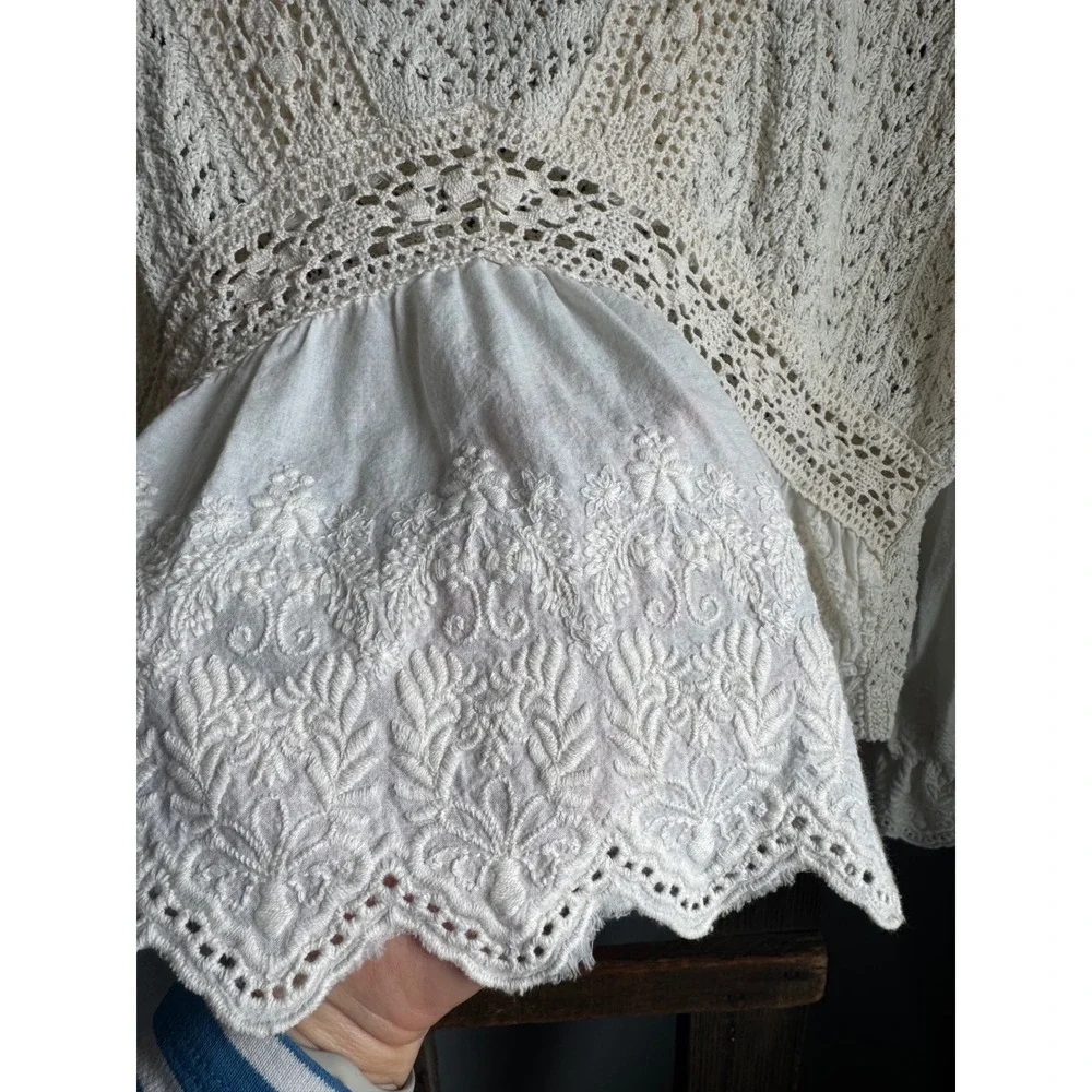 Zara Cream Knit Eyelet Lace Crochet  Boho Y2K Festival Top Large